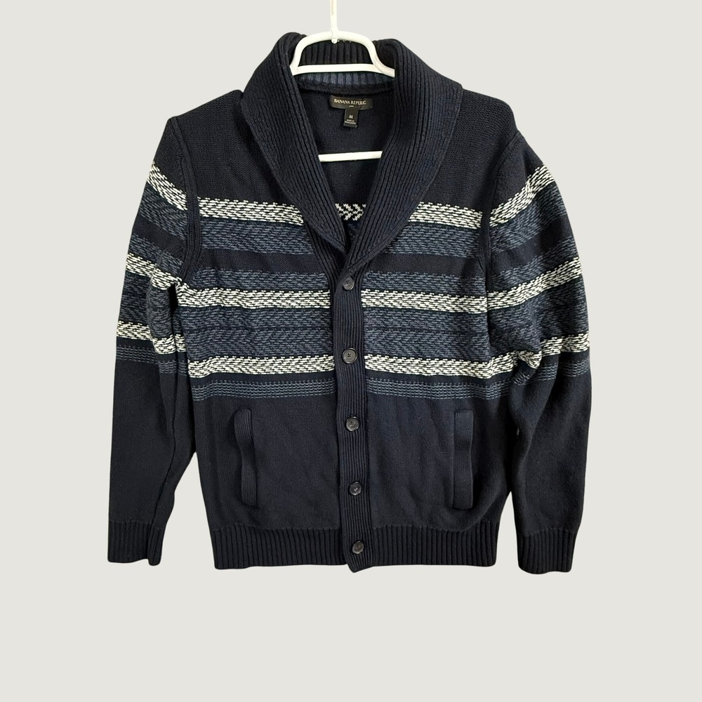Banana Republic Mens Navy Blue Striped Shawl Collar Cardigan Sweater Medium